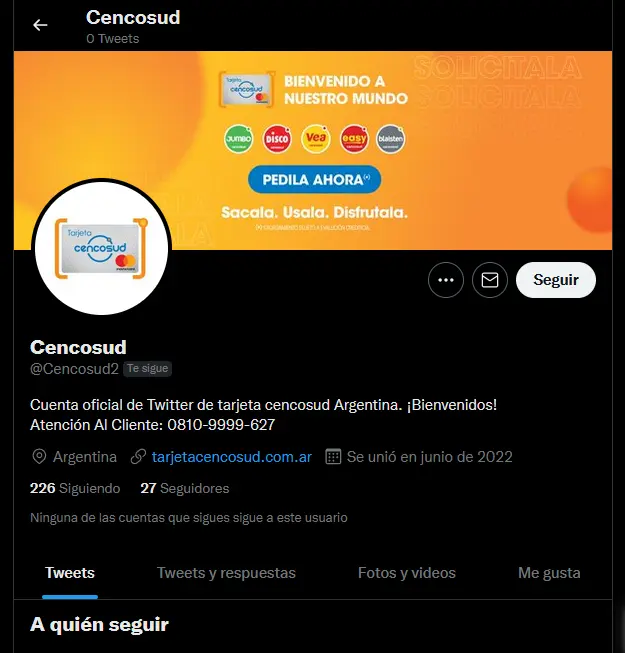 Posible cuenta falsa de Tarjeta Cencosud Argentina en Twitter