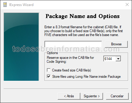 IExpress 2 Nombre del paquete y otras opciones para archivos CAB
