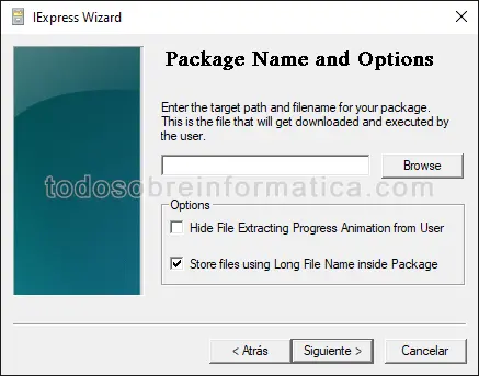 IExpress 2 Nombre del paquete y otras opciones