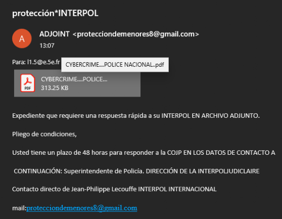 Mensaje falso de Interpol
