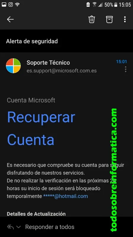 Mensaje falso del Soporte Técnico de Microsoft