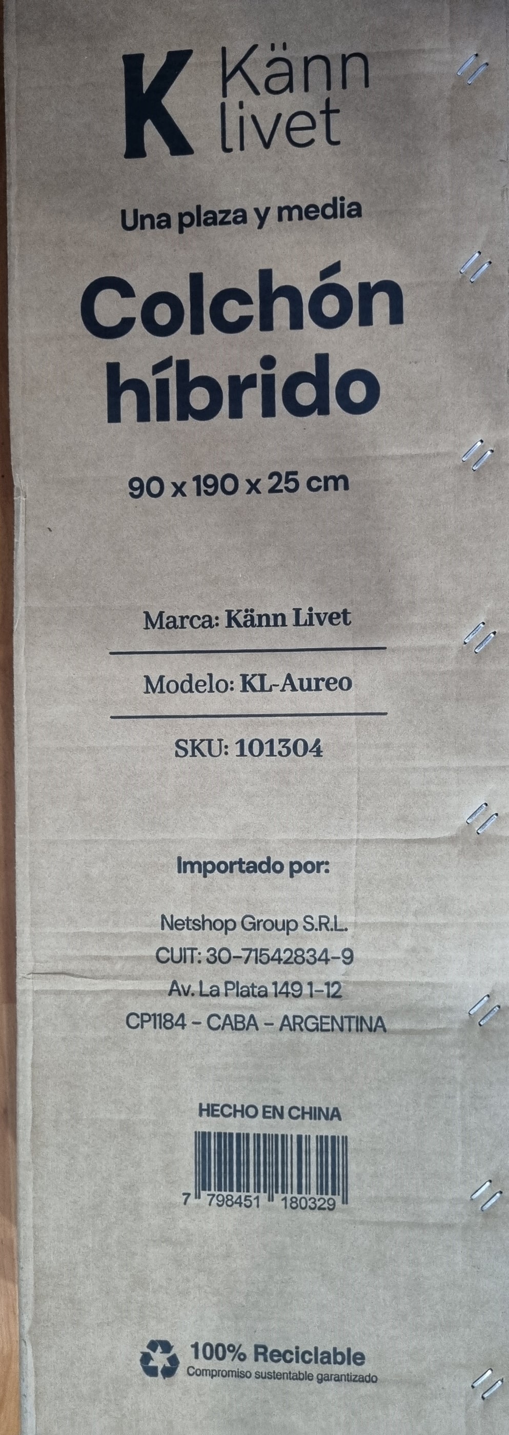 Etiqueta Känn Livet KL-Aureo, SKU 101304, 90 × 190 × 25 cm e importador Netshop Group S.R.L.