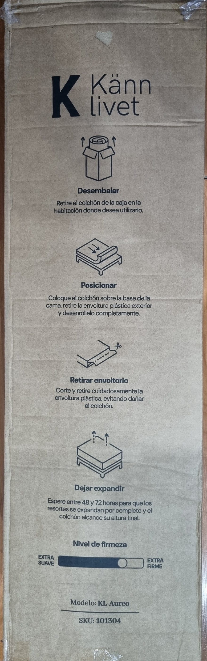 Pasos de apertura, espera de 48 a 72 horas, escala de firmeza, modelo y SKU impresos en la caja.