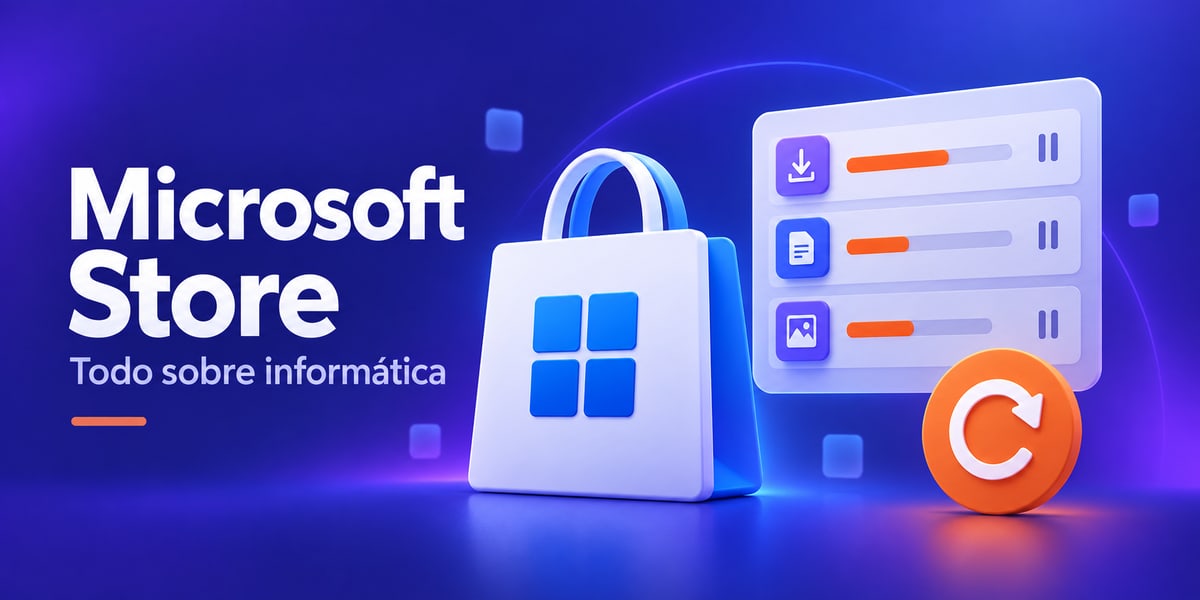 Illustration of an app store bag, paused downloads and a restart arrow in blue, purple and orange.