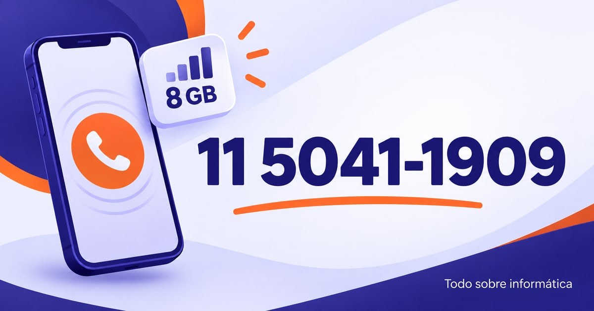 Ilustración de un teléfono junto al número 11 5041-1909 y un indicador de 8 GB, en violeta y naranja.